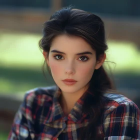 Young Woman with Brown Hair in Plaid Shirt