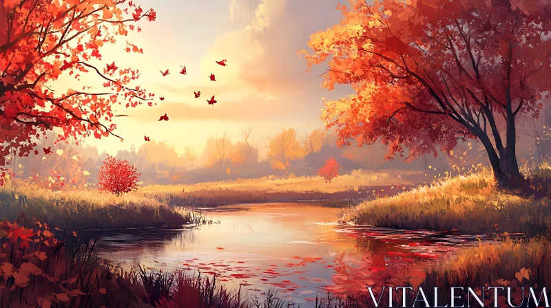 Colorful Autumn Scene with Trees and River AI Image