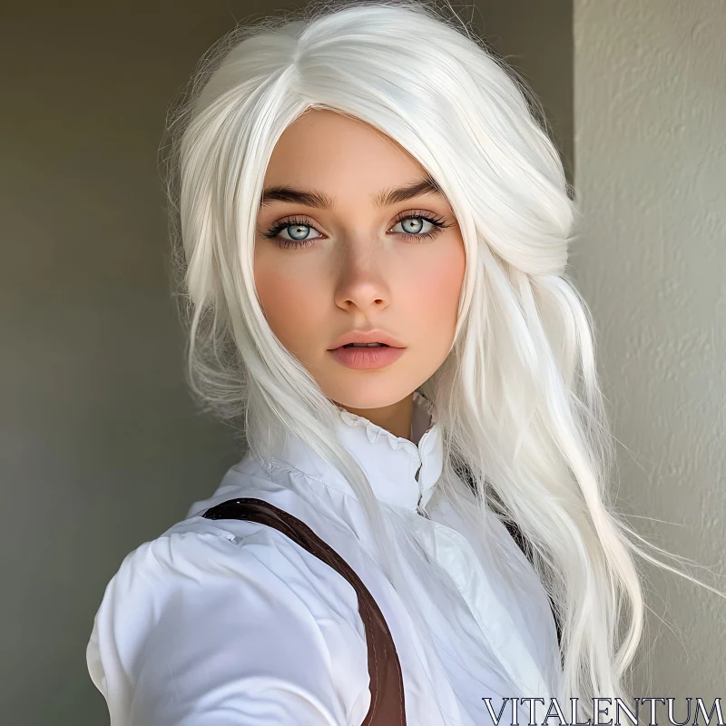 White-Haired Beauty: Serene Female Portrait AI Image