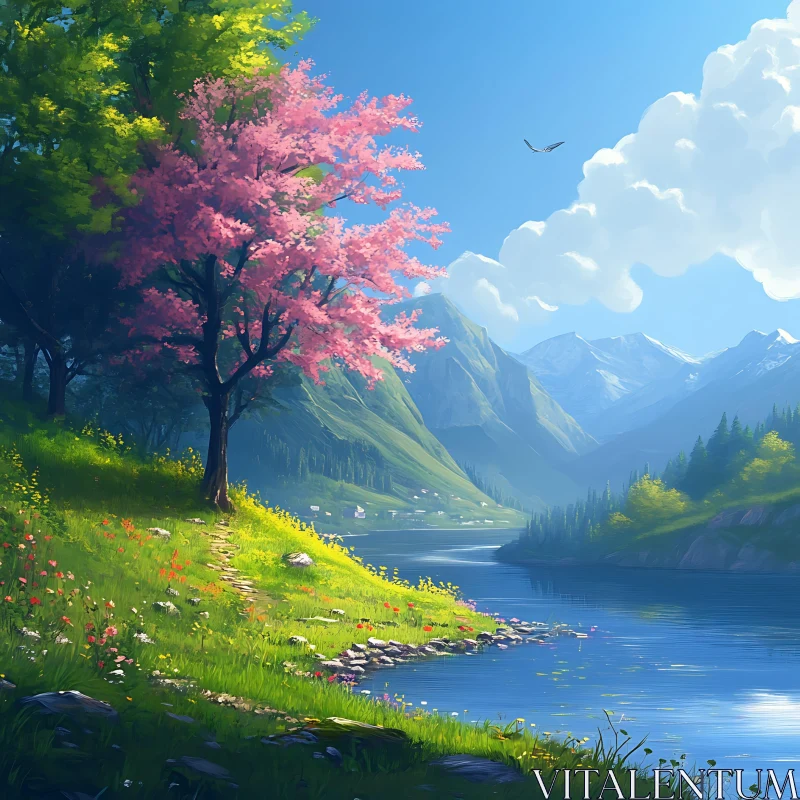 Mountain Lake with Cherry Blossom Tree AI Image