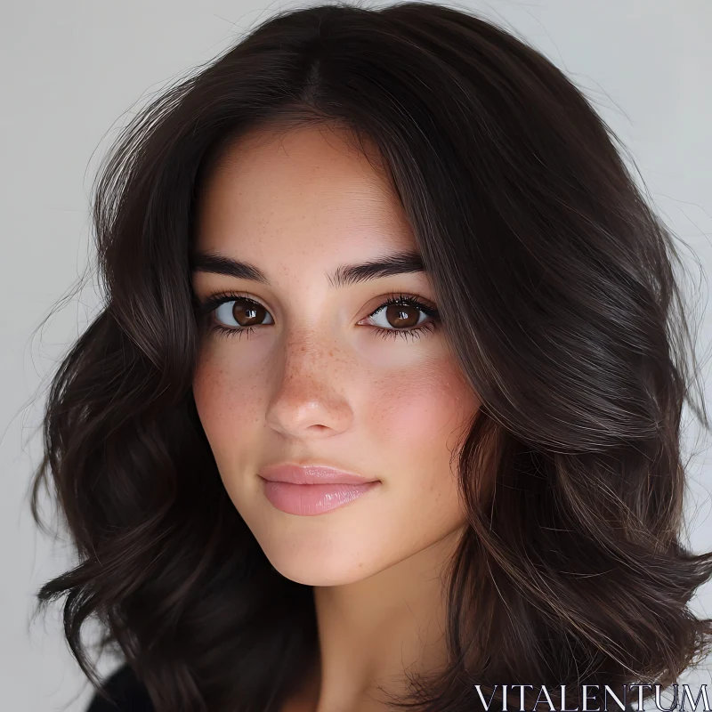 Young Woman with Dark Wavy Hair and Natural Makeup AI Image