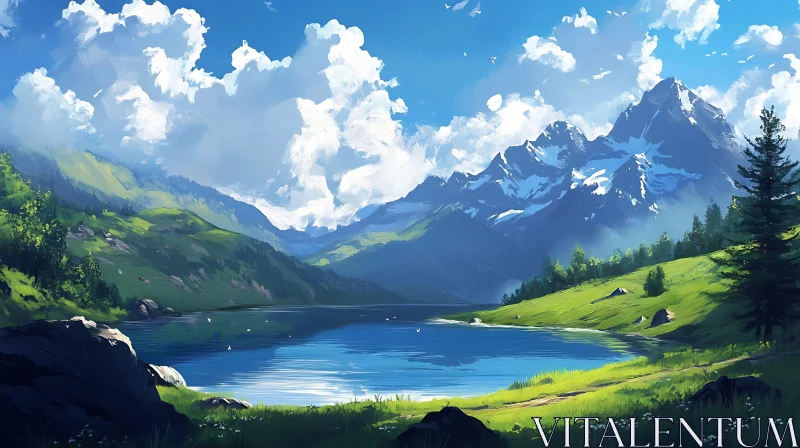 Tranquil Lake Amidst Lush Mountains AI Image