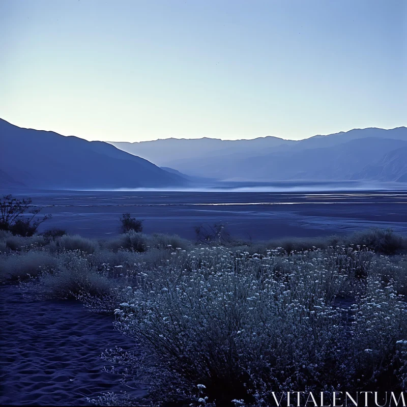 Harmonious Dusk Landscape with Mountains and Flora AI Image