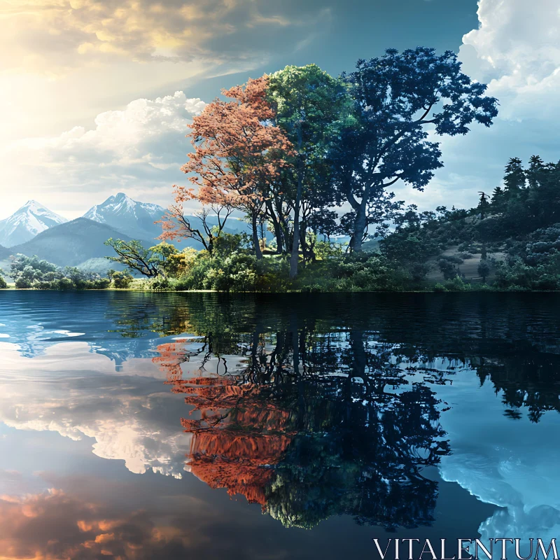 AI ART Tranquil Lake with Trees and Mountain Reflection