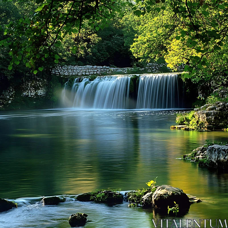 AI ART Tranquil Waterfall in Lush Green Forest