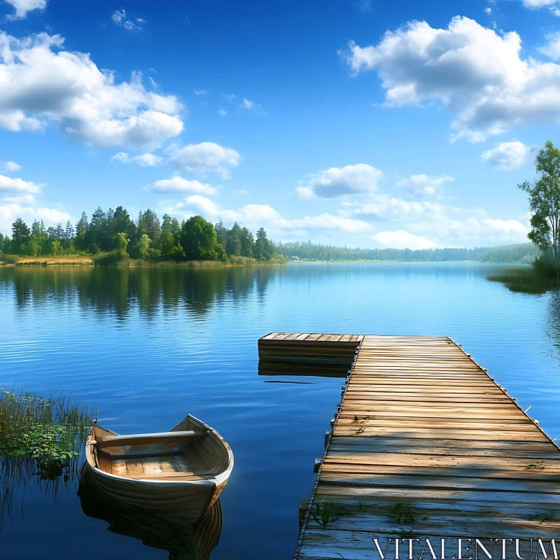 Tranquil Lakeside with Wooden Dock and Rowboat AI Image