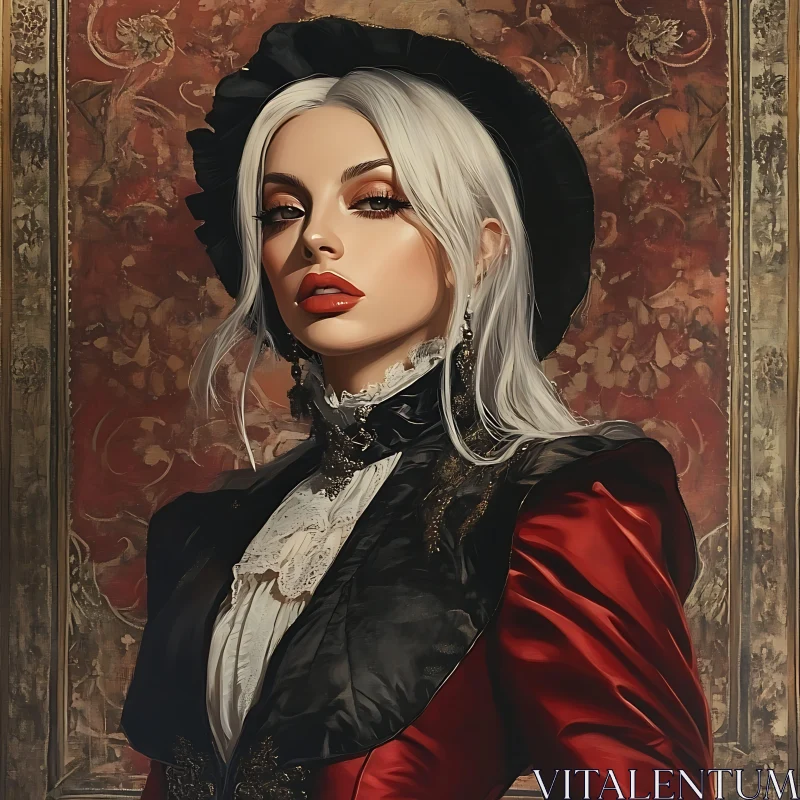 AI ART Vintage-Inspired Woman in Red Satin Jacket and Black Hat