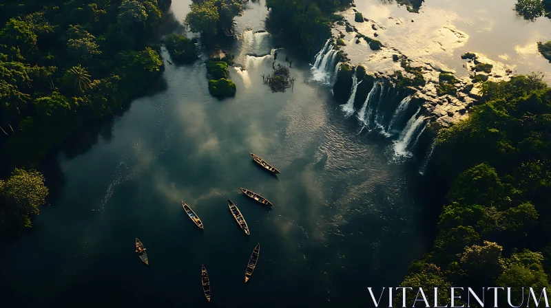 Lush Greenery, Waterfall, and Boats from Above AI Image