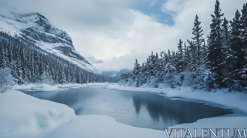 Tranquil Winter Scene of Snowy Mountains and Frozen River AI Image