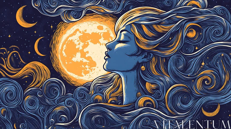 Celestial Woman with Flowing Hair Amidst Stars and Moon AI Image