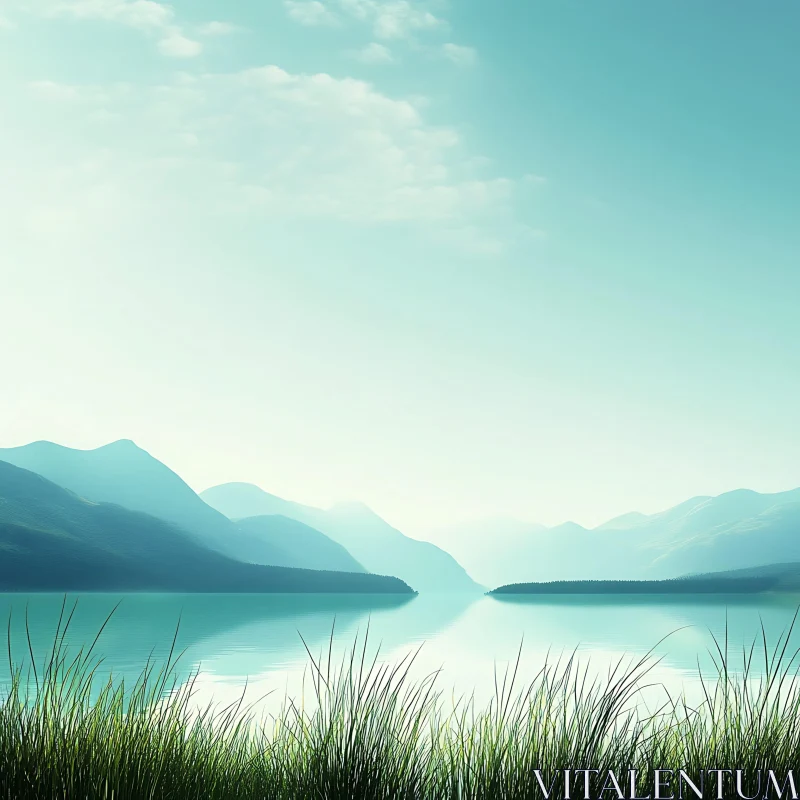 Peaceful Lake Landscape with Tall Grass AI Image