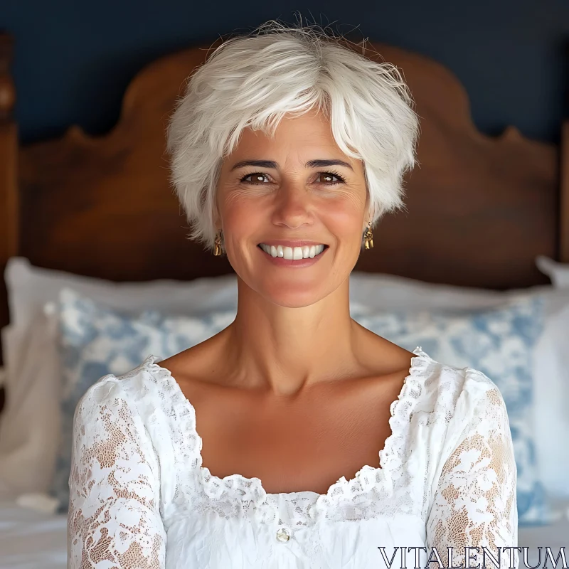 Elegant Woman with Short Gray Hair Smiling AI Image