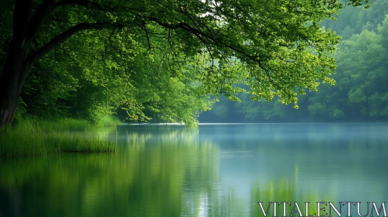 Peaceful Waterscape with Greenery and Reflections AI Image