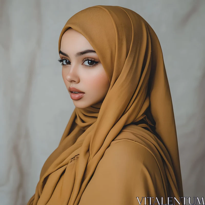 Graceful Woman in Mustard Hijab Portrait AI Image