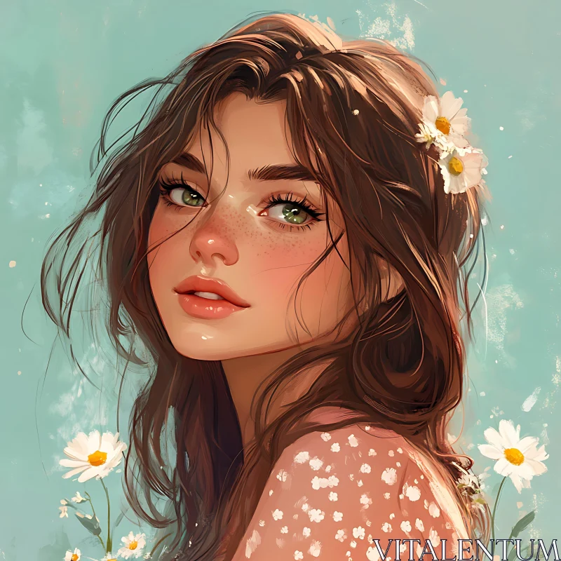 Illustrated Woman with Green Eyes and Flowers AI Image