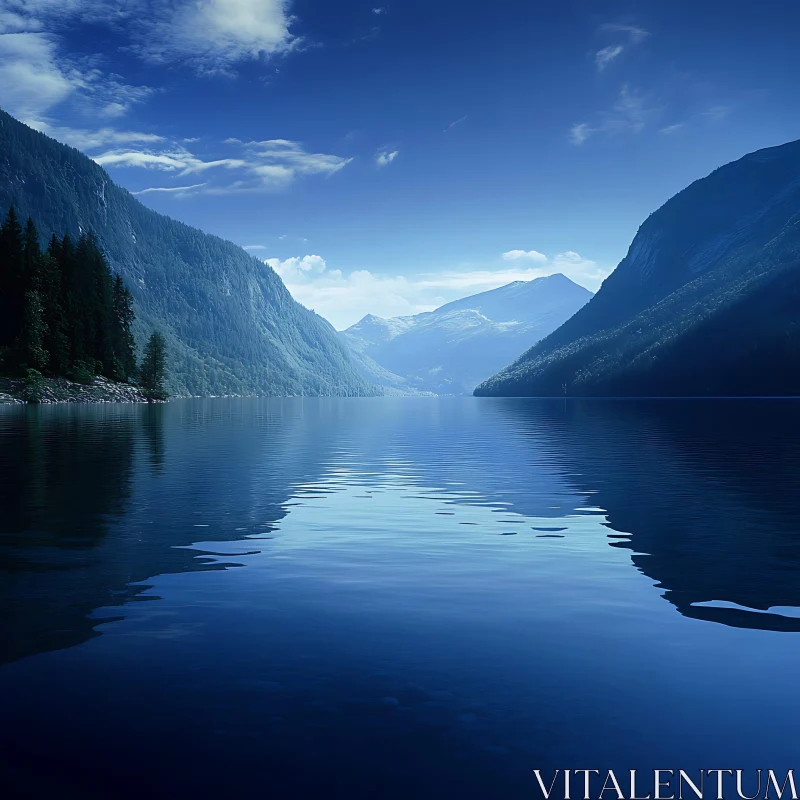 Tranquil Lake Amidst Majestic Mountains AI Image