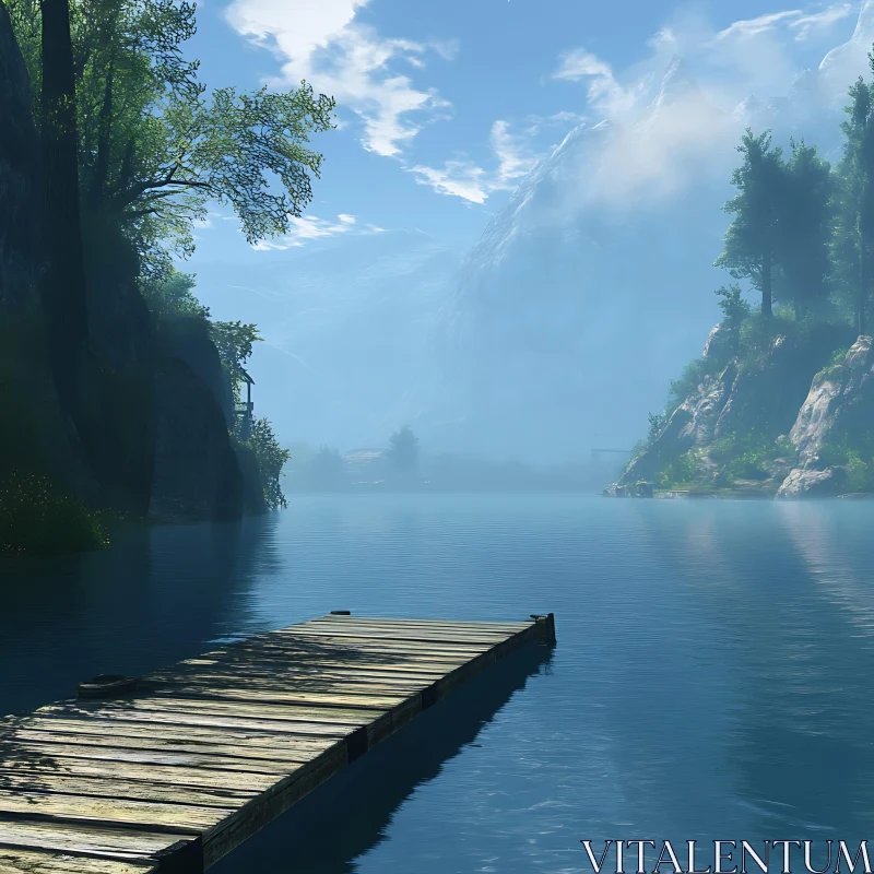 Tranquil Lake Scene with Misty Mountains AI Image