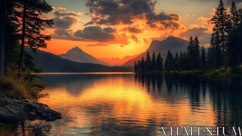 AI ART Scenic Sunset Landscape with Lake and Mountains