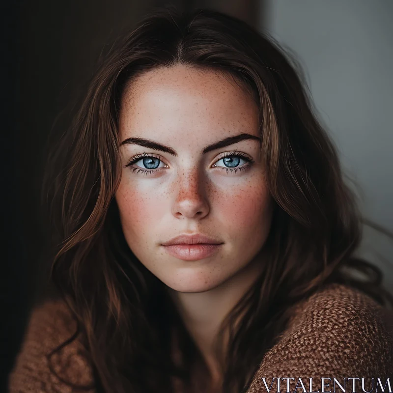 Woman's Close-Up Portrait with Blue Eyes and Freckles AI Image