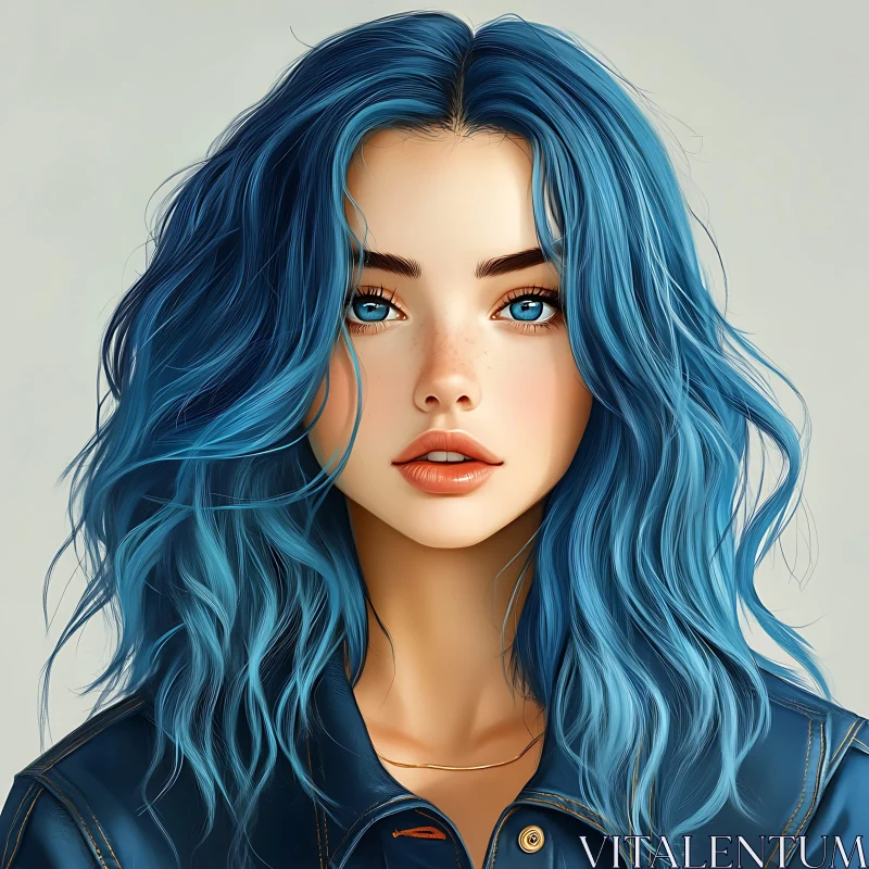 Illustration of a Blue-Haired Woman with Freckles AI Image