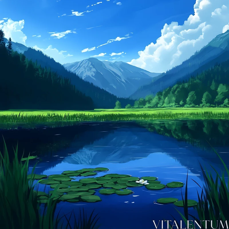 Tranquil Mountain Lake with Lush Greenery AI Image