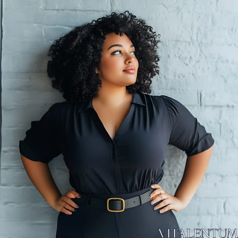 Confident Woman with Curly Hair in Black Dress AI Image