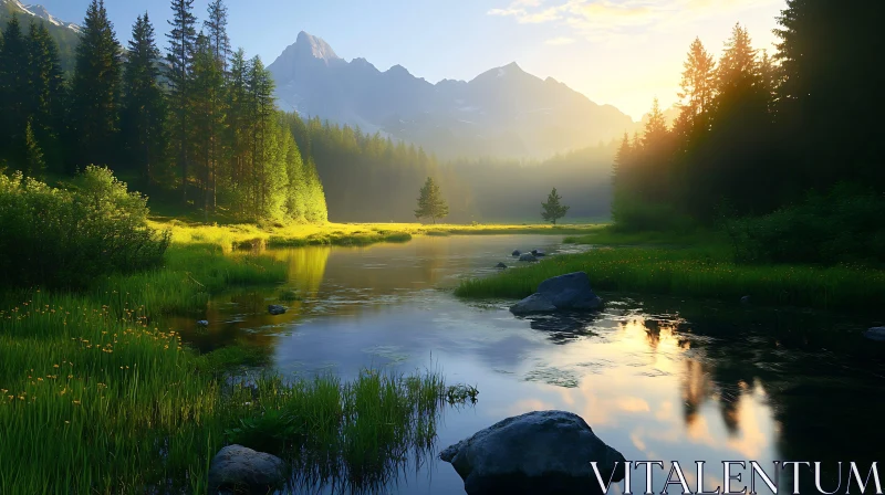 Peaceful Sunrise in a Mountainous Forest Landscape AI Image