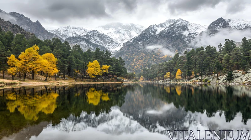 Peaceful Lake with Fall Foliage and Majestic Mountains AI Image