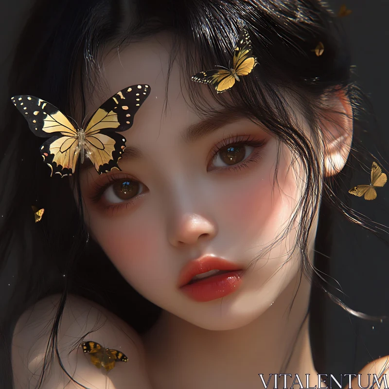 Ethereal Beauty Surrounded by Golden Butterflies AI Image