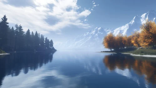 Idyllic Lake with Snow-Capped Mountains and Autumn Foliage