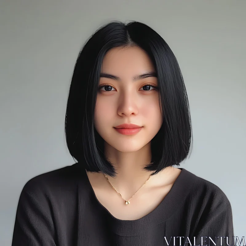 Portrait of a Woman with Sleek Black Hair and Gold Necklace AI Image