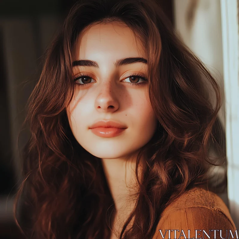 Young Woman's Natural Beauty in Soft Light AI Image