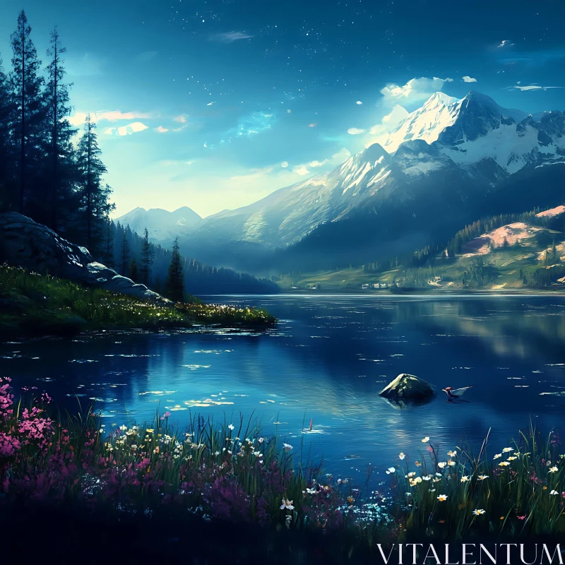 Tranquil Mountain Lake Scene AI Image