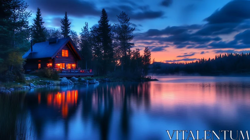 Tranquil Lakeside Cabin During Evening AI Image