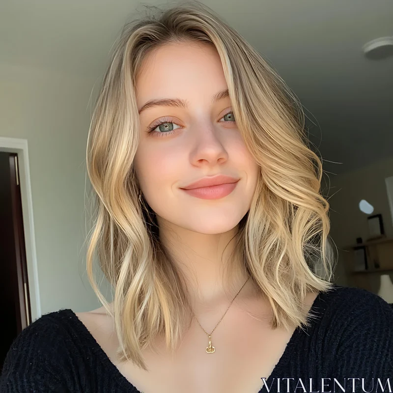 Young Woman Smiling with Blonde Hair in Natural Light AI Image