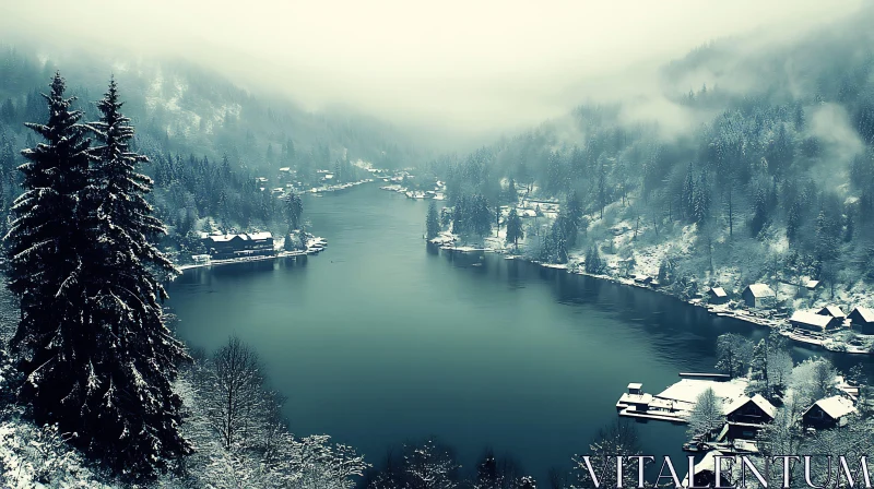 Snowy Village by the Lake AI Image