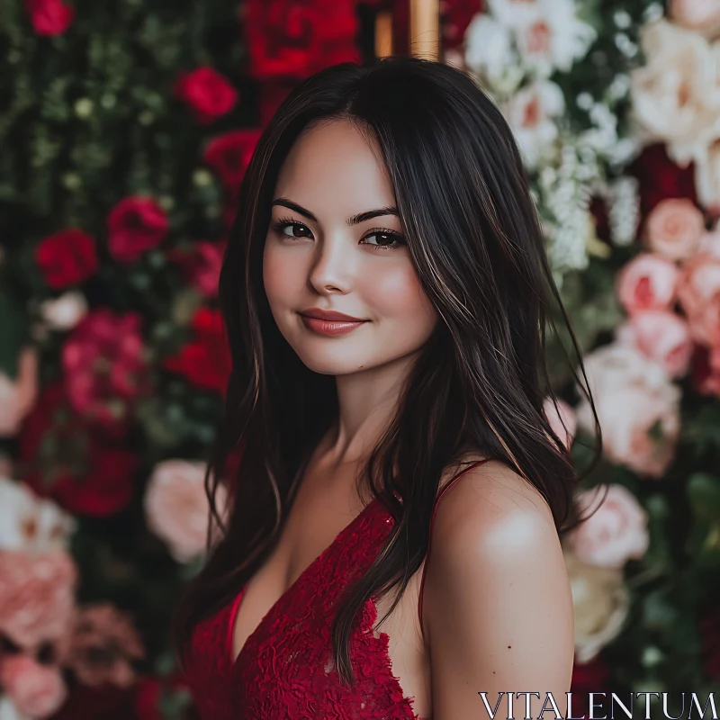 Graceful Lady in Red Dress Surrounded by Flowers AI Image