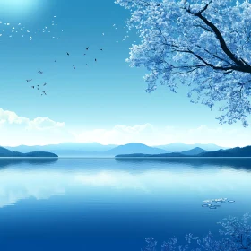 Peaceful Lake with Blossoming Tree and Mountain Views