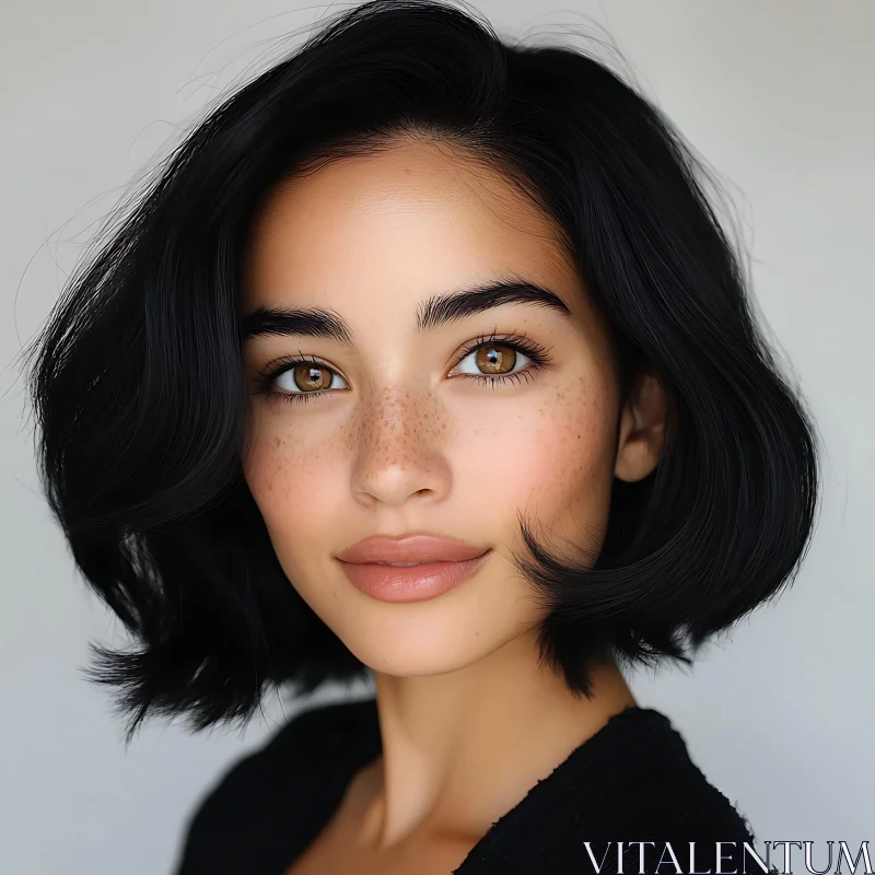 Freckled Woman with Short Black Hair Close-Up AI Image