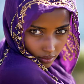 Intricate Golden Embroidery on Purple Veil