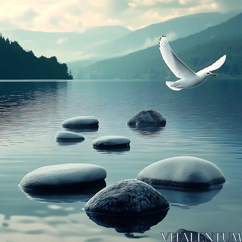 Peaceful Nature Landscape with Flying Seagull AI Image