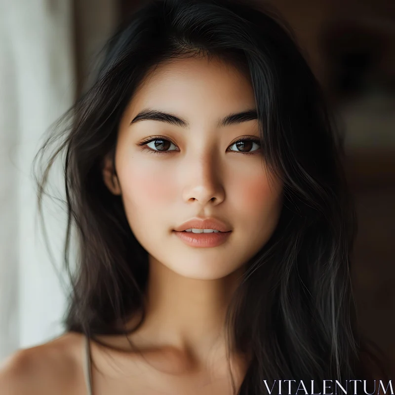 Close-up of a Beautiful Woman with Natural Makeup AI Image