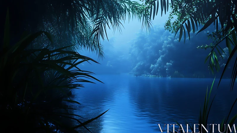 Tranquil Misty Lake with Forest Reflection AI Image