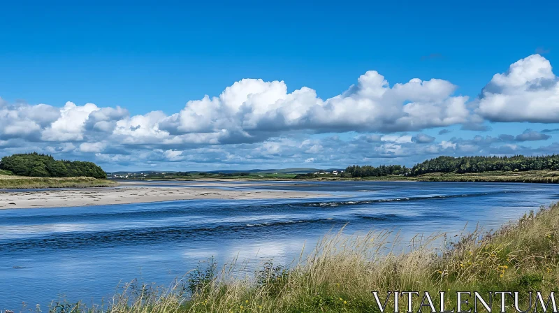 Peaceful River View with Cloud-Filled Sky AI Image