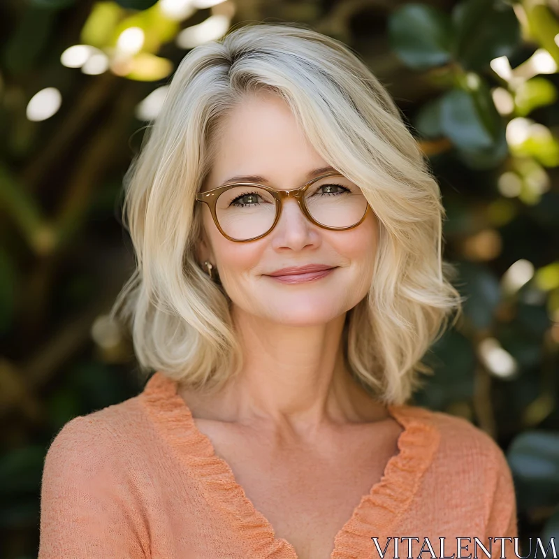 AI ART Blonde Woman in Glasses Smiling Outdoors