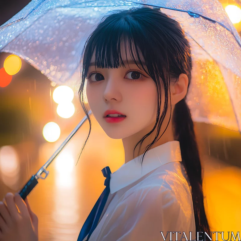 Rain-soaked Portrait of Woman with Umbrella AI Image