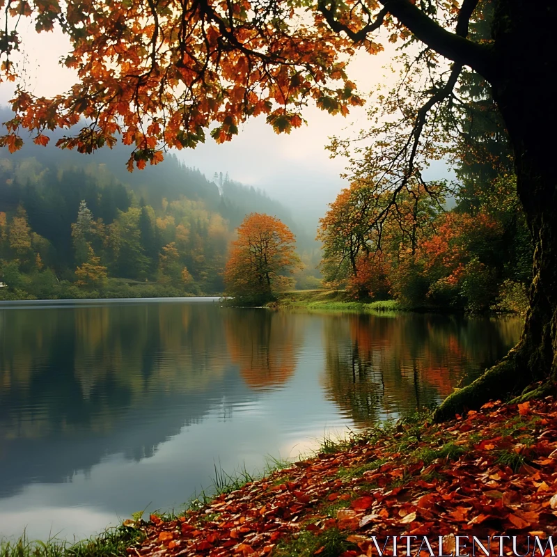 Peaceful Autumn Landscape by a Misty Lake AI Image