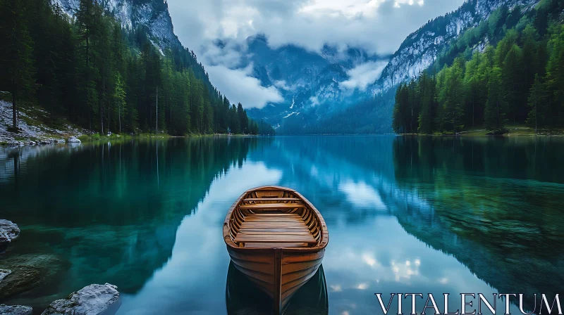 Tranquil Lake with a Wooden Boat and Mountain View AI Image