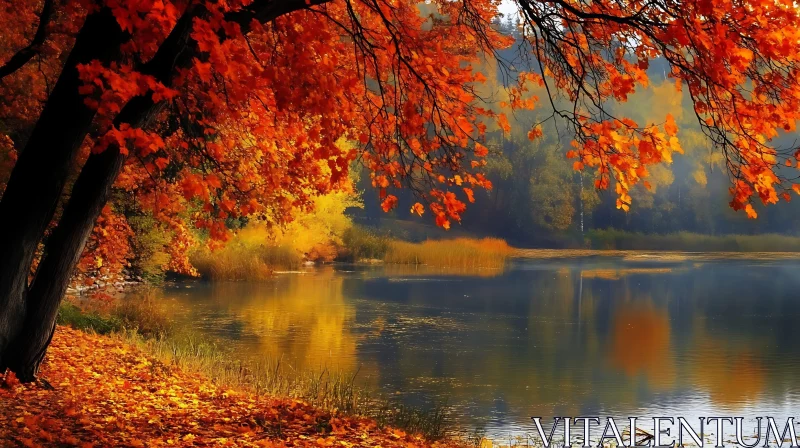 Tranquil Autumn Lake Scene with Vibrant Leaves AI Image