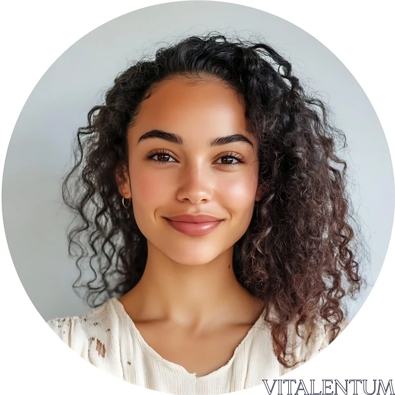 Smiling Woman with Curly Hair in White Top AI Image